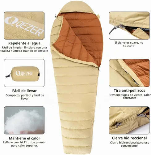 Vista 5 de Ultralight Down Sleeping Bag for Adults, 600 Fill Power Backpacking Beige/ marrón
