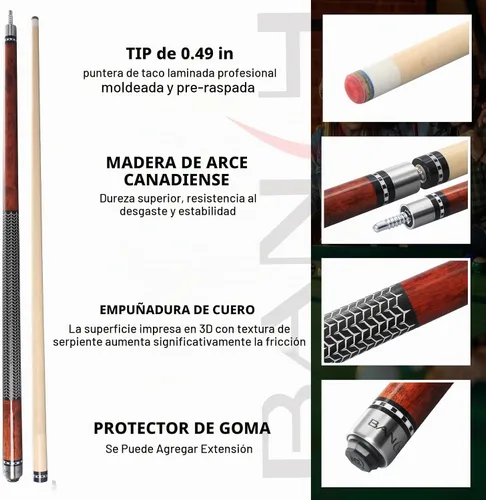 Vista 3 de Banly Tacos de Billar - Tacos de 58" de madera de arce canadiense con punta de 12.5mm de baja deflexión, palo de billar para control de precisión