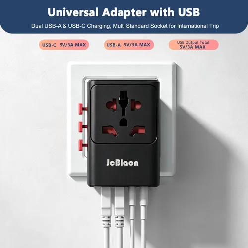 Vista 3 de JcBlaon Adaptador de viaje universal, adaptador de enchufe internacional 20 W