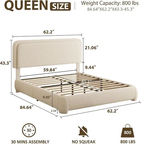 Vista 2 de Base de cama tamaño Queen, marco de cama de terciopelo Teddy Boucle con cabecera tapizada ajustable de 43.3"/45.3", esquinas redondeadas, base