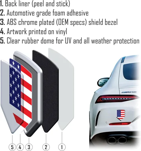 Vista 4 de Calcomanía 3D cromada con la bandera de México, emblema mexicano, forma de escudo de Car Chrome Decals