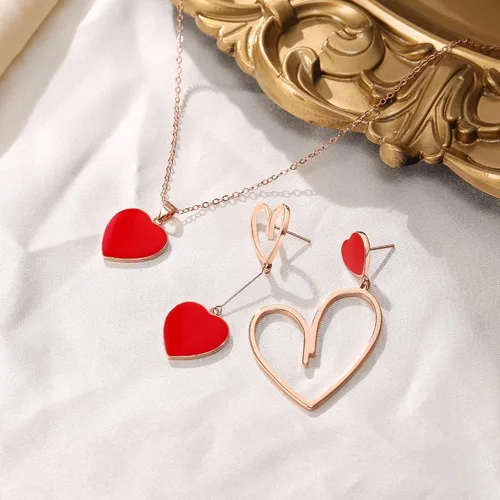 Vista 6 de Flyonce Juego de joyas de San Valentín para mujer, juego de joyas de corazón para mujer, collar con colgante de corazón, conjunto de aretes