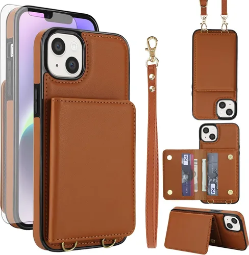Vista 9 de Funda de teléfono para iPhone 13 Mini de 5.4 pulgadas con protector de pantalla de vidrio templado, correa de muñeca con bloqueo RFID, tarjetero
