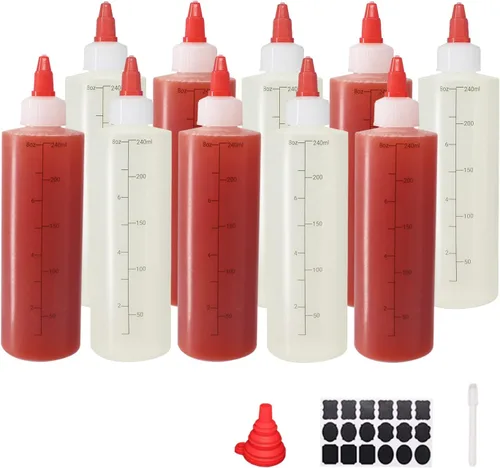 Vista 12 de Paquete de 8 botellas de condimento de plástico de 12 onzas con tapas de tapa, perfectas para condimentos, aceite, glaseado, líquidos, juego de 8