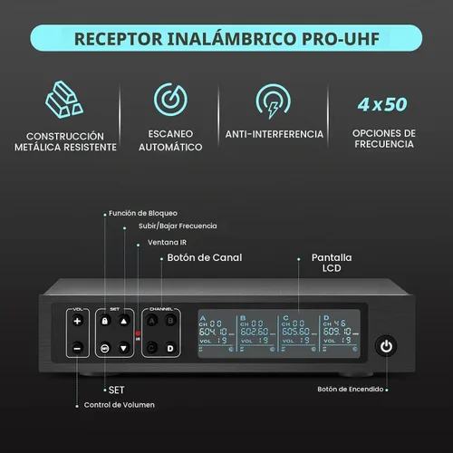 Vista 4 de Sistema de micrófono inalámbrico, micrófonos de mano inalámbricos de 4 x 50 canales, rango UHF de 200 pies, micrófonos con transmisión de señal