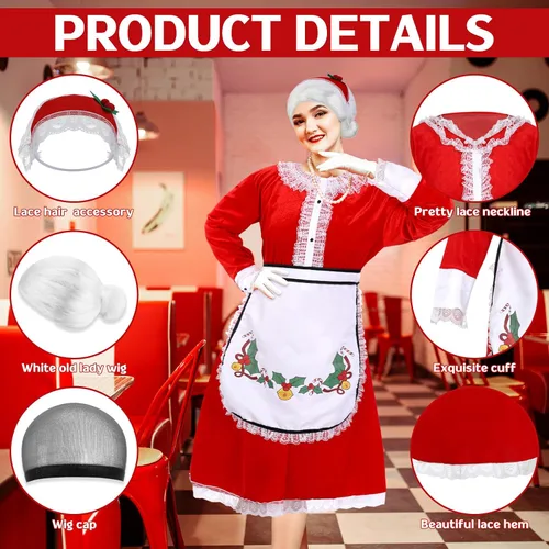 Vista 3 de 10 piezas de disfraz de Sra. Santa para mujer, vestido clásico de Papá Noel, capó, delantal, peluca para adultos, disfraz de Navidad, fiesta