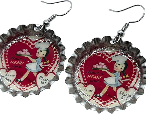 Vista 2 de Vintage Valentine, Have a Heart, Bottle Cap Earrings, Retro Jewelry