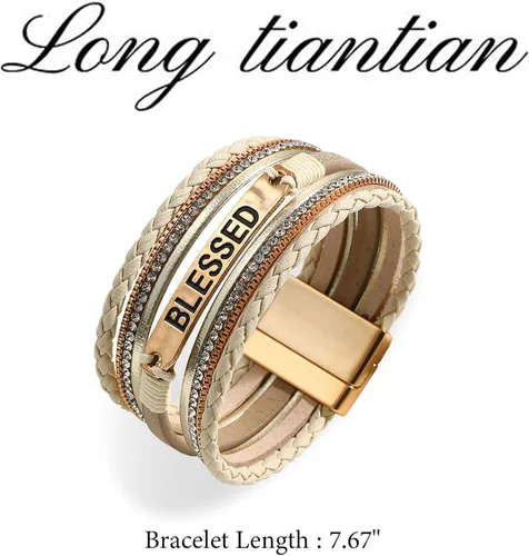 Vista 7 de Long tiantian Pulseras de cuero para mujer, pulsera de cuero personalizada con letras, estilo bohemio, multicapa, joyería