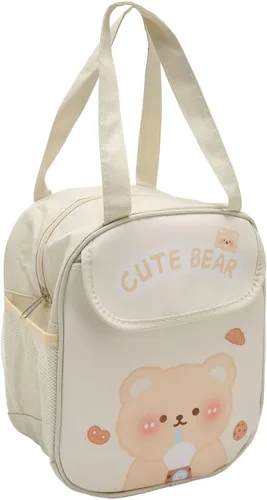 Vista 8 de TOPINCN Lonchera gruesa de gran capacidad, bonitas bolsas de almuerzo con patrón de dibujos animados con asa para picnic (oso de té con leche beige)