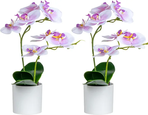 Vista 2 de XONOR Flores artificiales de orquídea, 2 piezas de flores de orquídea en maceta con jarrón de plástico para centro de mesa, decoración del hogar