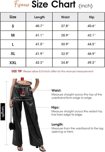 Vista 5 de Fisoew - Pantalones cargo de cuero para mujer, holgados, cintura alta, pierna ancha