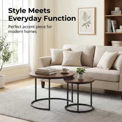 Vista 6 de Juego de 2 mesas auxiliares redondas anidadas, apilables, minimalistas Modern Marble Pattern Wooden Nesting Tables for Living Room Bedroom Small