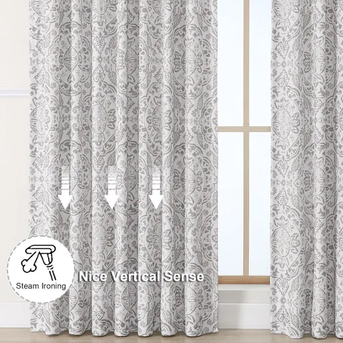Vista 8 de Cortinas Totalmente Opacas Grises de 63 Pulgadas de Largo, Juego de 2 Paneles para Dormitorio y Sala de Estar, Estampado de Medallón, Doble Capa