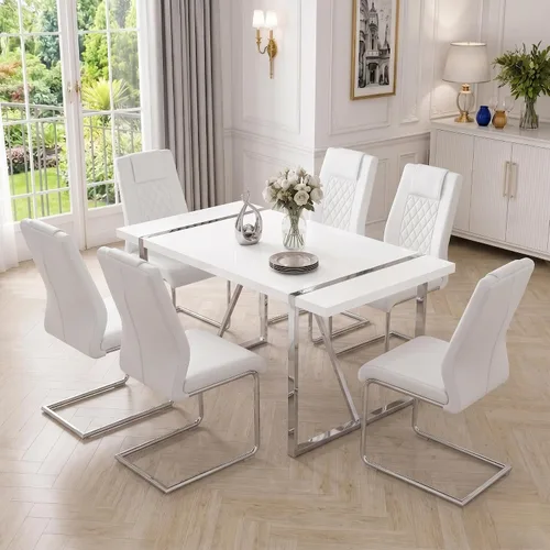 Vista 15 de Juego de mesa de comedor moderna de 55 pulgadas para 4, mesa de comedor negra y marco de metal dorado, mesa de comedor rectangular con 4 sillas