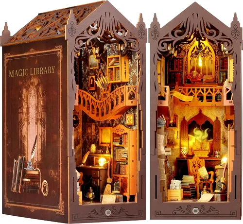 Vista 8 de Book Rinck, kits de rincón de libros para adultos, rompecabezas de madera 3D de aventura oceánica, decoración con luz LED, estante de rincón de Azul