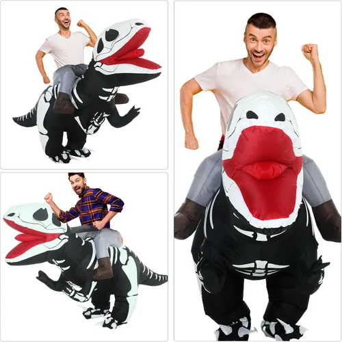 Vista 3 de Panitay Disfraz inflable de dragón inflable, disfraz inflable de Raptor que brilla en la oscuridad, disfraz de dinosaurio inflable de esqueleto