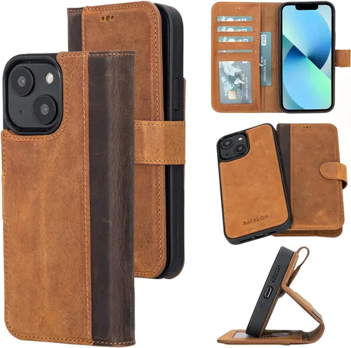 Vista 8 de Bayelon Funda para iPhone 14, funda de cuero de grano completo, [2 en 1], funda magnética desmontable con ranuras para tarjetas, soporte y función