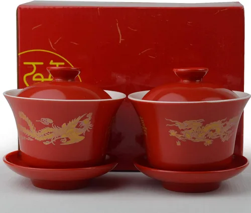 Vista 7 de Gaiwan - Juego de 2 tazas de porcelana de 8 onzas, diseño de dragón chino y fénix