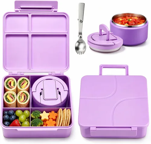 Vista 8 de Lonchera Bento para Niños con Termo para Sopa de 8oz, Contenedores de Comida para Almuerzo Impermeables para Niños con 4 Compartimentos, Tarro