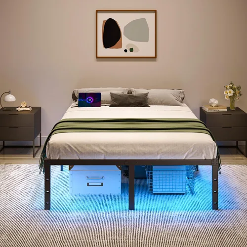 Vista 4 de HAVONIZD Marco de Cama Full con Luces LED y Estación de Carga - Marco de Cama de Plataforma de Metal Resistente de 18 Pulgadas Sin Necesidad