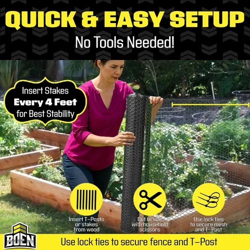Vista 2 de Boen Malla hexagonal de plástico para aves de corral, barrera temporal de alambre de pollo para patio (2 x 25 pies, negro)