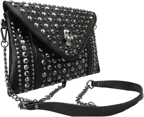 Vista 3 de Chikencall Bolso de mano de cuero con tachuelas de calavera punk negro con dos correas