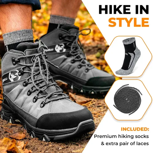 Vista 4 de Foxelli Botas de senderismo para hombre, impermeables, transpirables y ligeras, botas de senderismo de piel de ante para hombre