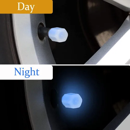 Vista 3 de deemars Tapones universales fluorescentes para válvulas de neumáticos de automóvil, 4 piezas, azul, ABS + material luminoso, compatible
