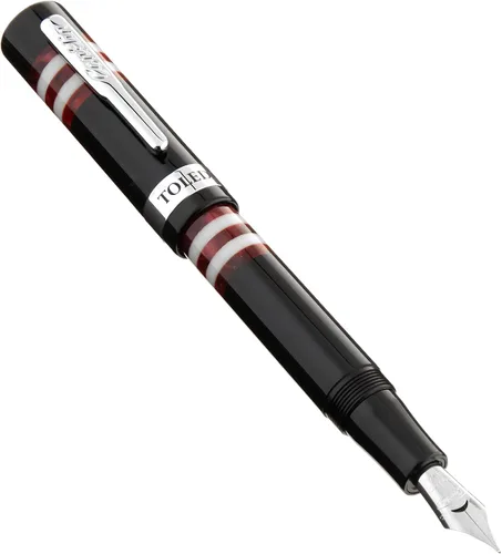 Vista 15 de Conklin Toledo - Pluma estilográfica en negro con segmentos de anillo azul y blanco, punta media, pluma estilográfica de lujo con detalles cromados