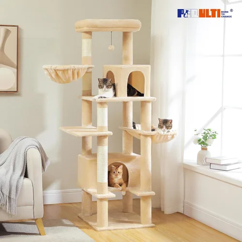 Vista 8 de PEQULTI Árbol para gatos de interior de 66 pulgadas, torre grande para gatos con poste rascador cubierto de sisal, hamaca de metal súper grande