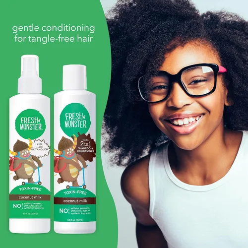 Vista 6 de Fresh Monster Spray desenredante para el cabello, champú y acondicionador 2 en 1, coco, sin toxinas, hipoalergénico y natural (8.5 onzas cada uno)