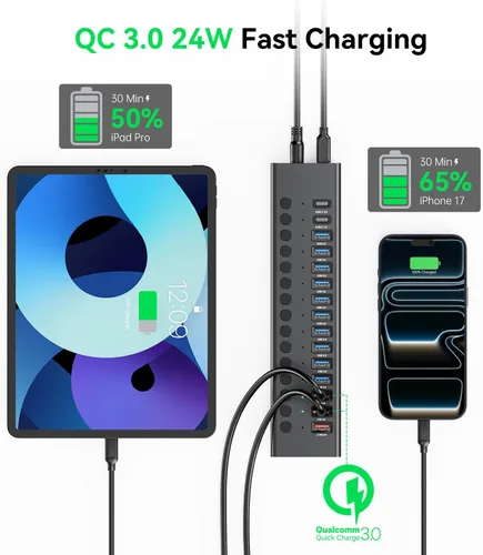 Vista 5 de Hub USB 3.0 alimentado, Splitter de Hub USB de 16 puertos (10 USB-A 3.0+2 QC 24W de carga rápida+2 de carga inteligente+2 puertos USB-C 3.0)
