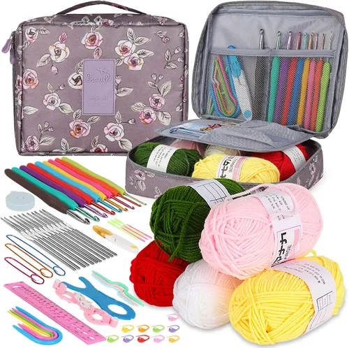 Vista 12 de Aeelike Kit de ganchillo con bolsa para viajes, kit fácil de aprender a ganchillo para principiantes de todas las edades, el kit de inicio