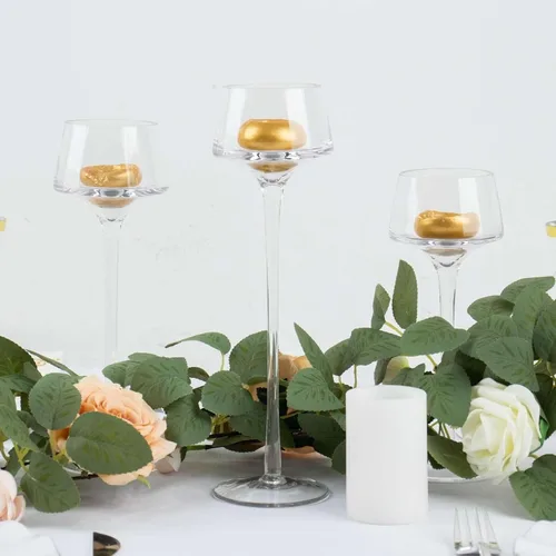 Vista 8 de Efavormart - Juego de 3 centros de mesa con pedestal de cristal transparente de tallo largo, portavelas de disco de candelita altos, 8, 9, 10
