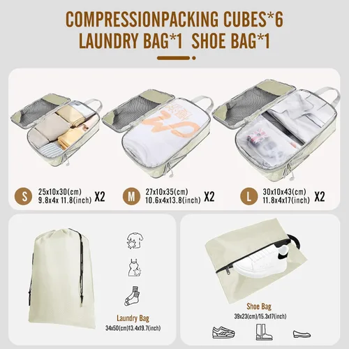 Vista 2 de Juego de 8 cubos de compresión para viajes, organizador de equipaje expandible con bolsa para zapatos y bolsa de lavandería, maleta ligera y mochila