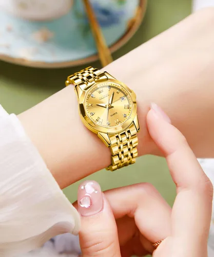 Vista 2 de OLEVS Reloj de pulsera para mujer, elegante, con diamantes, analógico, de cuarzo, de dos tonos, de acero inoxidable, impermeable, luminoso, regalo