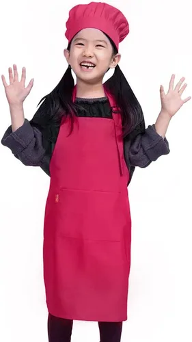 Vista 12 de Juego de delantal y gorro de chef para niños, delantal ajustable con babero para niños con 2 bolsillos. Lindo delantal de cocina para niños y niñas