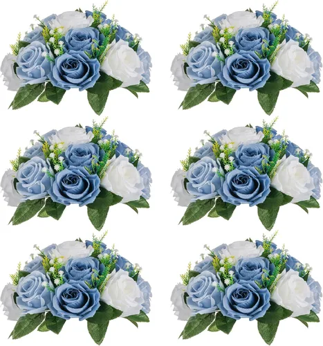 Vista 26 de Sziqiqi Flores de rosas artificiales de seda sintética para decoración de centros de mesa de boda, decoración del hogar, paquete de 2 unidades Azul