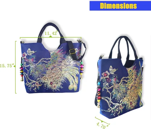 Vista 5 de Bolsos de hombro vintage para mujer, bolsos de mano, bolso de viaje para mujer con lentejuelas brillantes bordadas fénix