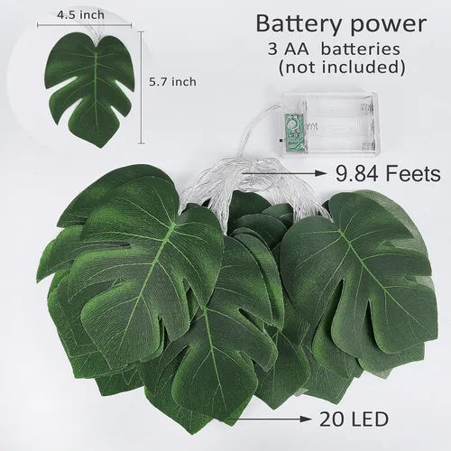 Vista 4 de RECUTMS 20LED Luces de Cadena de Hojas de Monstera, Hojas Artificiales de Palmera de Ratán Tropical, Enredadera Verde Colgante para Pared