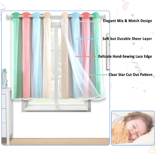 Vista 6 de Cortinas de rayas de estrellas para dormitorio de niñas, cortinas huecas para ventana, cortinas de ventana con ojales, cortinas coloridas degradadas