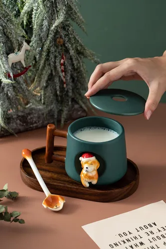 Vista 2 de DIHOclub Taza de café de cerámica con tapa y cuchara a juego, taza con patrón 3D Golden Retriever para té, leche y chocolate, bonita taza