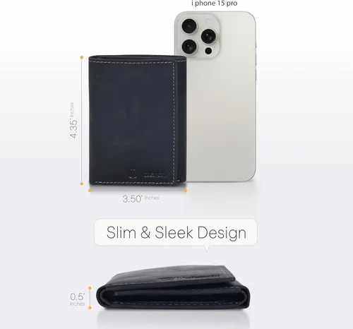 Vista 5 de Cartera de cuero genuino RFID bloqueo delgado Trifold para 6 tarjetas+1 ventana de identificación+2 compartimentos de anotaciones., cartera Rfid, S