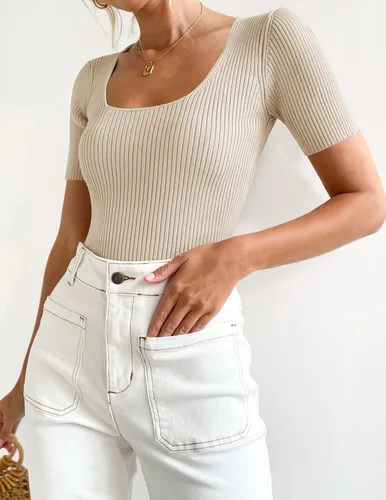 Vista 8 de ZESICA Camisetas de manga corta con cuello cuadrado para mujer, ajustadas, de verano, de punto acanalado, básicas, casuales