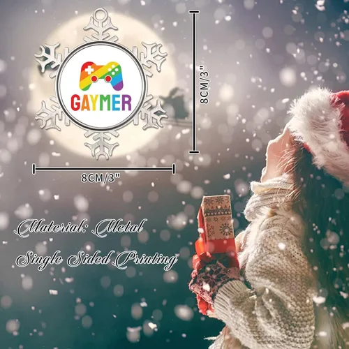 Vista 2 de Adorno de árbol de Navidad Gaymer Rainbow Gay Game Ornamentos Gay Decoraciones de Navidad Regalo Amor Igualdad Derechos LGBTQ Rainbow Metal Copo