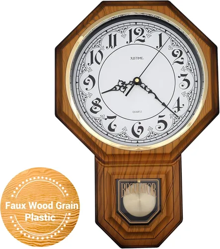 Vista 24 de JUSTIME Reloj de pared clásico vintage tradicional de estilo Schoolhouse, con péndulo y melodía Westminter cada hora, relojes de pared con melodía