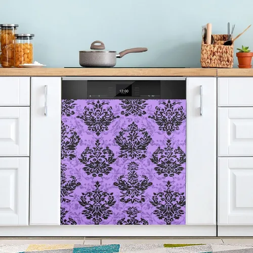 Vista 2 de Cubierta magnética para lavavajillas de Mansión embrujada de Halloween, color morado, cubierta para panel de puerta, nevera, cocina
