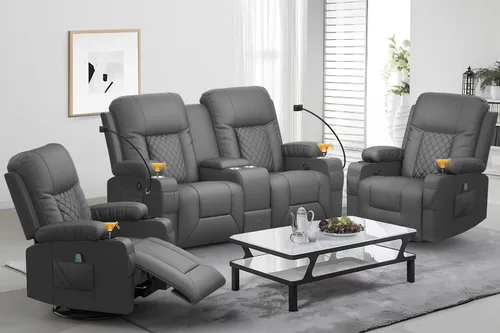 Vista 25 de YONISEE Juego de muebles de sala de estar, sofá biplaza reclinable de 2 plazas y silla reclinable giratoria de 360° con masaje, sofá reclinable