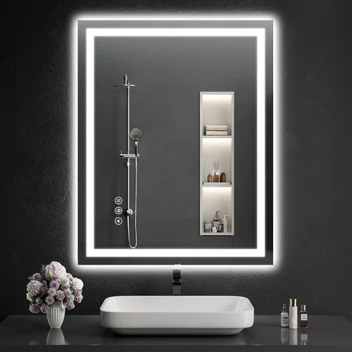Vista 21 de Espejo de baño LED de 30 x 48 pulgadas con luces, regulable, antivaho, espejo de tocador de baño para pared, retroiluminado + luz frontal, función