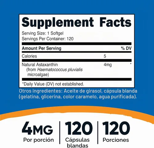 Vista 2 de Nutricost Astaxantina (4 mg) 120 cápsulas blandas (suministro para 4 meses) Sin gluten Sin OGM